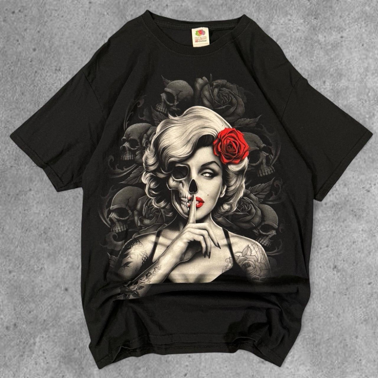 Y2k Black And Red Skulls And Roses Cotton T-Shirt Size M